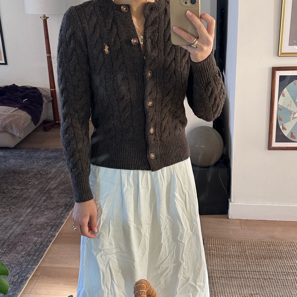 Ralph Lauren Dark Brown Cable Knit Cardigan Wool & Cashmere